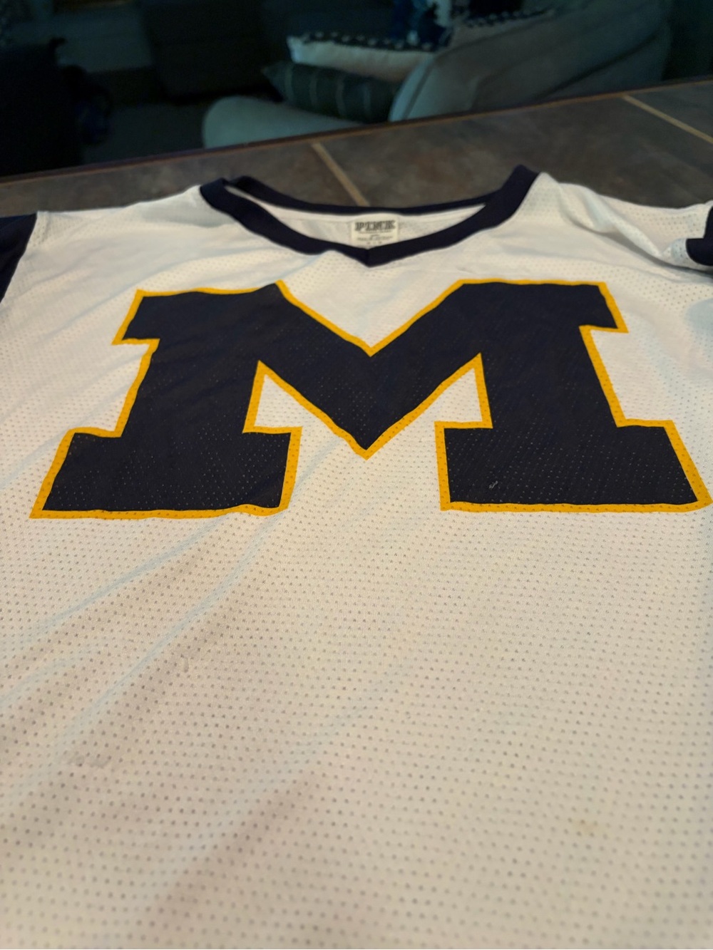 PINK Victoria's Secret White Short Sleeve Tee with Navy & Yellow 'M' Michigan